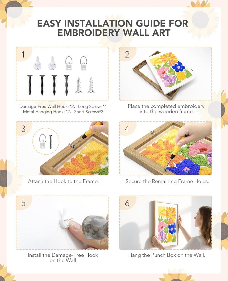 AceList 16 Inch Punch Needle Kit with Frame, Easy Punch Embroidery Kits for Beginners, Adults & Kids Craft Kits, Picture Frame as Home Wall Décor, Pattern Fabric,Threader, Yarns, Hoops & Rug Punch - Image 4